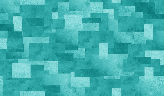 Blue green geometric abstract pattern. Random light and dark teal color squares and rectangles. Background with space for design. Seamless. Web banner. Chaotic. Mosaic.