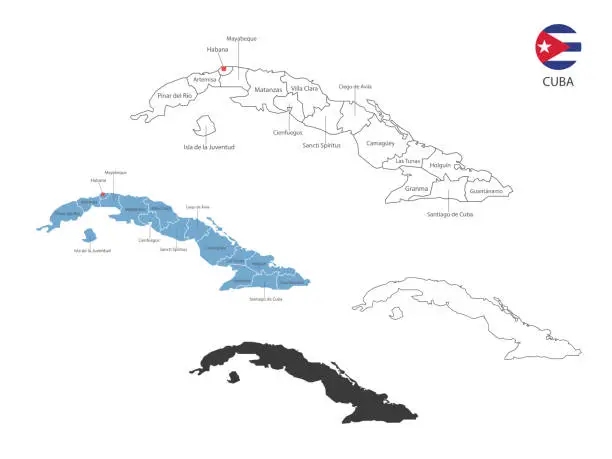 Vector illustration of 4 style of Cuba map vector illustration have all province and mark the capital city of Cuba. By thin black outline simplicity style and dark shadow style. Isolated on white background.