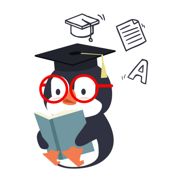 illustrazioni stock, clip art, cartoni animati e icone di tendenza di simpatico pinguino che legge l'educazione al libro - fairy penguin