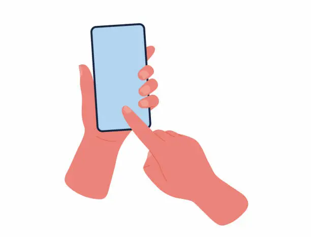 Vector illustration of Hand holding mobile phone,finger touching screen.Vector cartoon illustration