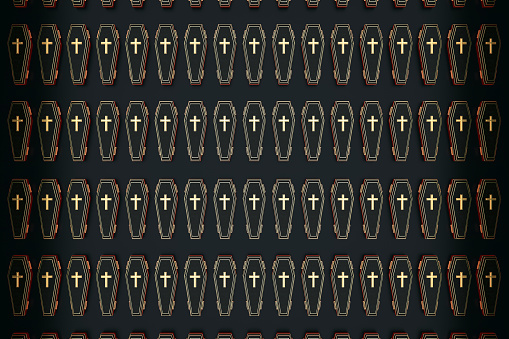 many black coffins with crosses top view. 3d rendering