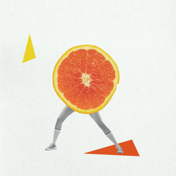 istock Contemporary art collage with ripe orange fruit on human legs isolated over light background. Healthy eating and care, eco products, vitamins concept. 1407274436