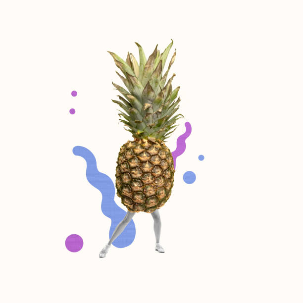 Contemporary art collage with huge pineapple fruit on human legs isolated over light background. Healthy eating and care, eco products, vitamins concept.
