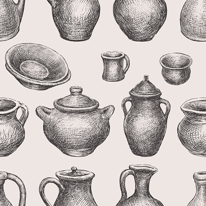 Seamless background of collection clayware sketches