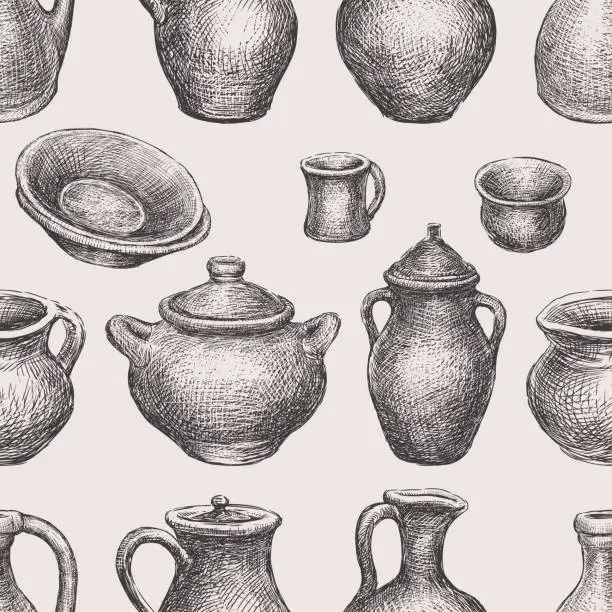 Vector illustration of Seamless background of collection clayware sketches