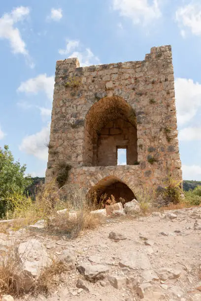 The ruins of the Monfort fortress are located on a high hill overgrown with forest, not far from Shlomi city, in the Galilee, in northern Israel