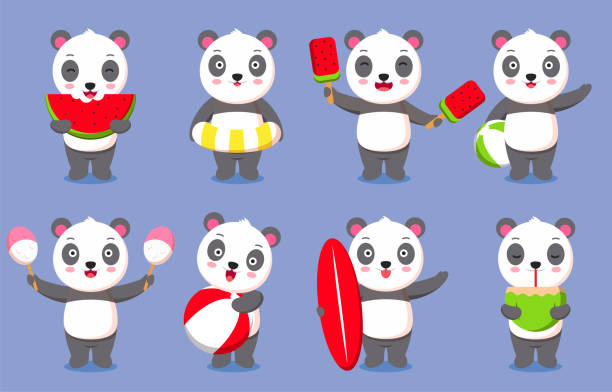 Activity of Panda on summer day Vector illustration Set of Activity of panda relaxing on vacation , Graphic cartoon character for banner, sticker advertising travel in summer theme Vector illustration cartoon of a swimming goggles stock illustrations