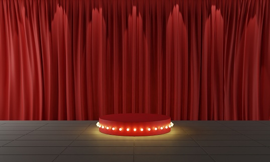 red podium with red curtain background in the hall.3d rendering.