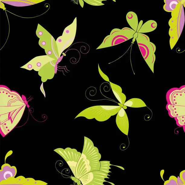 Vector illustration of Seamless pattern of decorative green flying butterflies