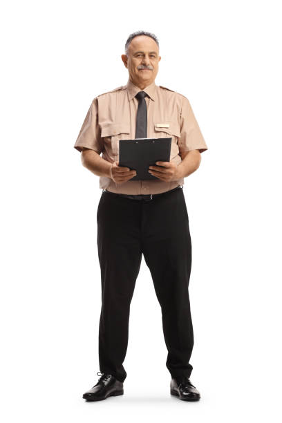 Full length portrait of a mature security guard holding a clipboard and looking at camera Full length portrait of a mature security guard holding a clipboard and looking at camera isolated on white background superintendent stock pictures, royalty-free photos & images