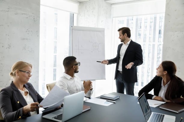 istock Business coach use flip chart make presentation for corporate staff 1407284263