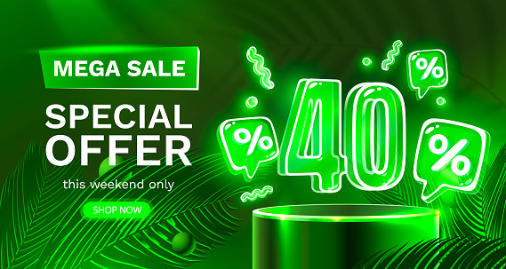 Mega sale special offer, Neon 40 off sale banner. Sign board promotion. Vector illustration