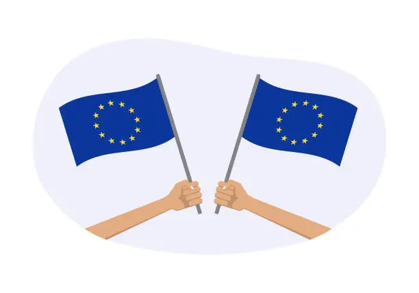 Vector illustration of EU waving flag icon or badge. Hand holding European union flags. Europe symbol. Vector illustration.