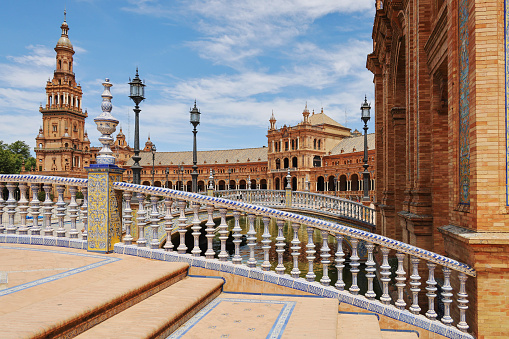 The Plaza de España in Seville, Spain, Europe. Built in 1928, it has now been adapted for use as offices for government agencies