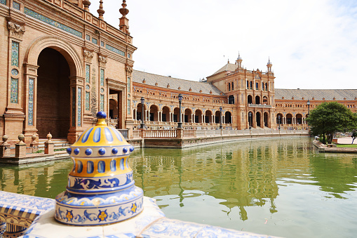 The Plaza de España in Seville, Spain, Europe. Built in 1928, it has now been adapted for use as offices for government agencies