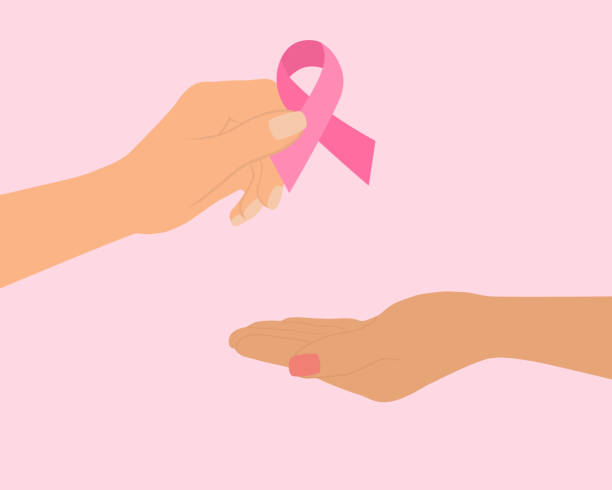 Breast Cancer Awareness Concept. Female Hand Giving Pink Cancer Ribbon To Another Hand. vector art illustration