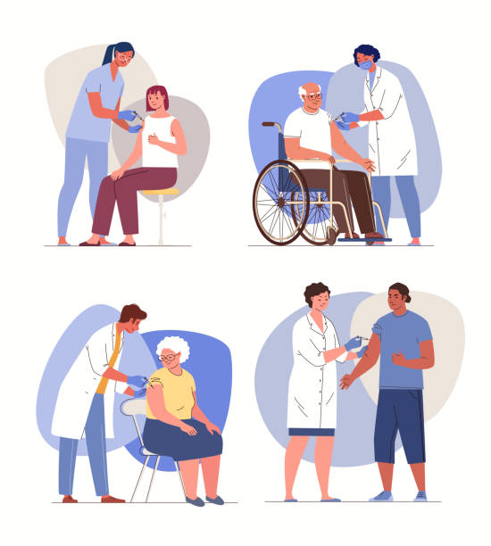 Preventive Vaccination of Adults Vaccination of young and old people. Prevention of infectious diseases. Protection against viruses and bacteria due to acquired immunity. Vector characters flat cartoon illustration. senior getting flu shot stock illustrations