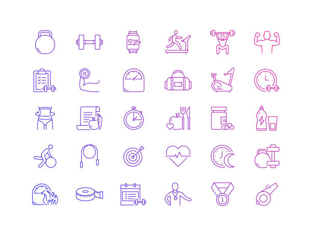 ilustrações de stock, clip art, desenhos animados e ícones de simple set of fitness and workout related vector thin line icons. outline symbol collection - kettle bell activity aerobics athlete