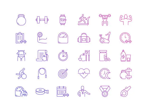 Vector illustration of Simple Set of Fitness and Workout Related Vector Thin Line Icons. Outline Symbol Collection