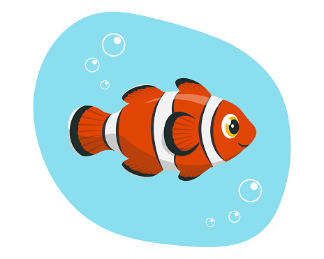 Cute orange clown fish with bubbles. Cartoon tropical fish. element for summer design. Isolated on white background. Flat vector illustration