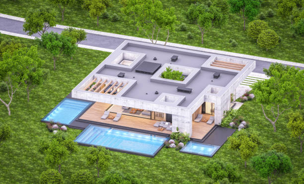 istock 3d rendering of new concrete house in modern style in evening 1407299430