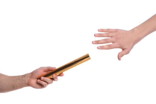 istock Man passing baton to woman on white background, closeup 1407299630