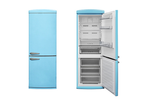 Refrigerator with open and closed door on white background. Home freezer for household.
