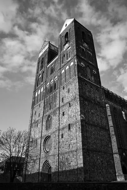 Towers of the medieval St.-Marien-Kirche Evangelical Church in the city of Prenzlau, Germany, monochrome