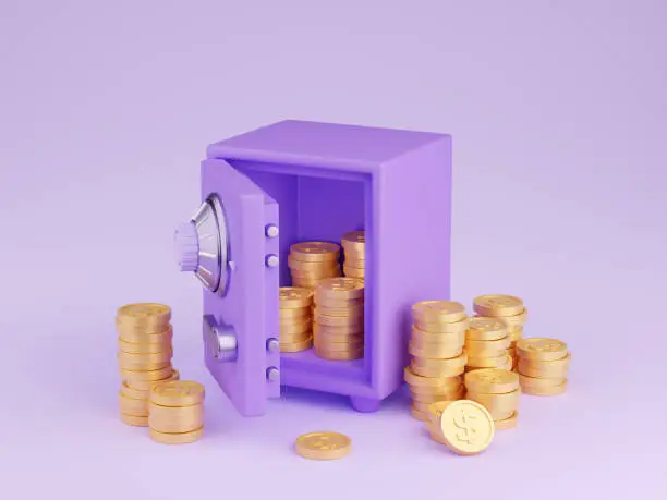 Photo of Safe box with money 3d render - open purple strongbox filled and surrounded by pile of gold coins with dollar sign.