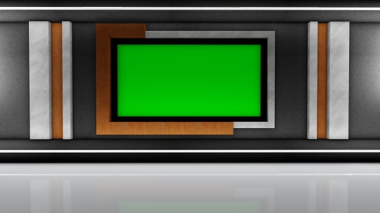TV News Studio - Black, White and Wood Virtual Set Studio - Single Monitor - Wide View Futuristic Studio - 3D rendering