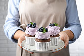 Woman holding plate with sweet cupcakes, closeup