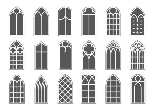 교회 중세 창문 세트. 오래된 고딕 양식의 건축 요소. 흰색 배경에 벡터 글리프 그림. - stained glass church window glass stock illustrations
