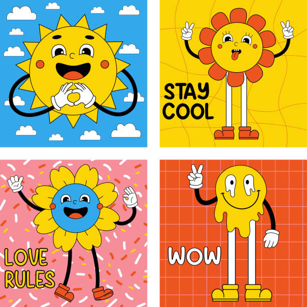 Set groovy retro cartoon stickers with funny comic characters with funny faces, gloved hands and feet. Trendy cartoon sun, power flowers and melt smile face. Sticker pack, posters. Vector illustration. Set groovy retro cartoon stickers with funny comic characters with funny faces, gloved hands and feet. Trendy cartoon sun, power flowers and melt smile face. Sticker pack, posters. Vector illustration fictional being stock illustrations