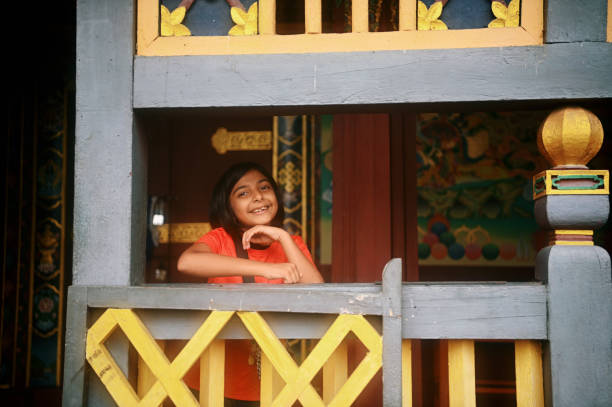 Girl standing at an artistic Buddhist Monastery in Sikkim
