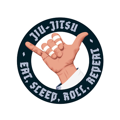 Realistic Shaka hand Bjj badge. Eat, sleep, roll, repeat. Hand with tapes illustration for Brazilian jiu-jitsu.