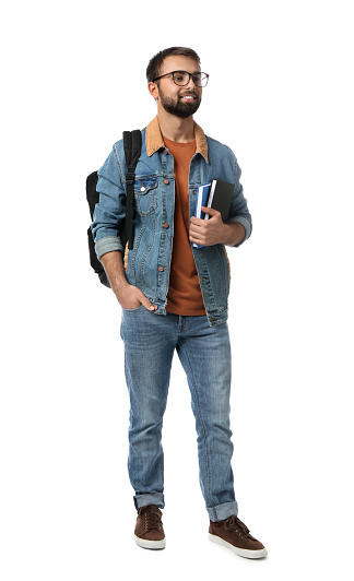 Student with backpack and books on white background