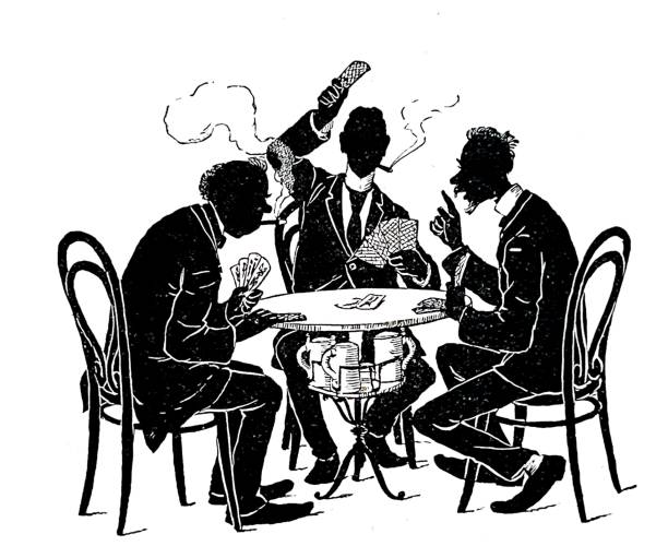 Three men smoking and playing cards Illustration from 19th century. playing poker stock illustrations