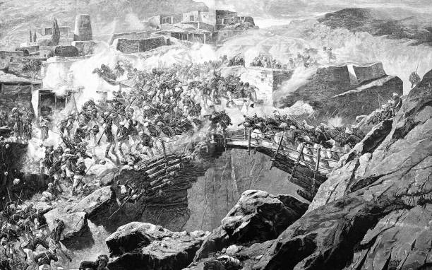 Storming the mountain fortress of Achulgho, Russo-Turkish War 1877/78 Illustration from 19th century. storming stock illustrations