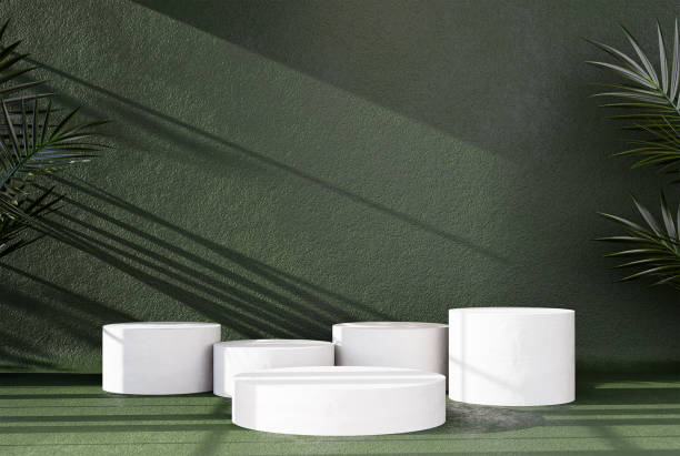 istock Podium product display stand with nature leaves on green background. 1407316904