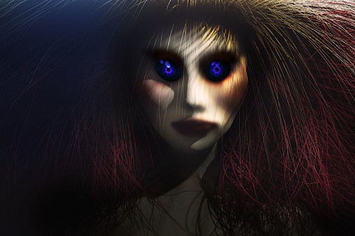 Halloween witch. Portrait of a woman with long hair. 3D render illustration.