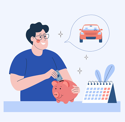 Man investing a banknote into a piggy bank and dreams of a car. Saving and investing money concept. Vector flat style illustration