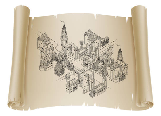 Medieval Town Map Scroll Vintage Illustration A medieval town map illustration in a vintage retro engraved woodcut etching style clip art of illuminated letter a stock illustrations