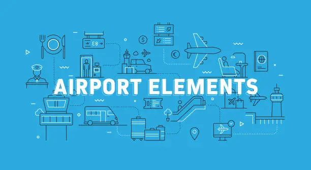 Vector illustration of Airport Elements Related Modern Line Banner with Icons