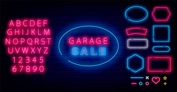 Garage sale neon label. Frames collection. Shiny pink alphabet. Domestic shop. Vector stock illustration Garage sale neon label. Frames collection. Shiny pink alphabet. Domestic shop. Special offer concept. Marketing promotion. Glowing effect banner. Vector stock illustration monday night stock illustrations
