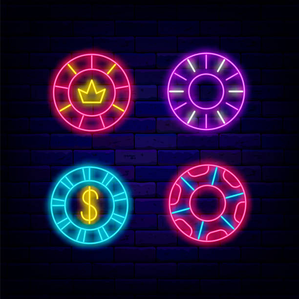 istock Casino chips neon icon collection. Various poker coins. Jackpot signboard. Playing money emblem. Vector illustration 1407321993