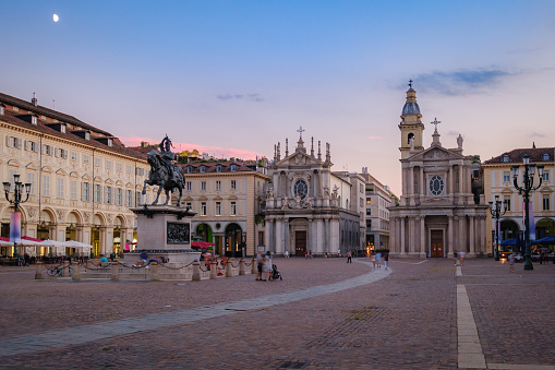 Turin San Carlo city square at twilight, Italy