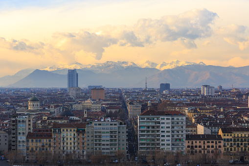 Turin Italian city skyline at sunset