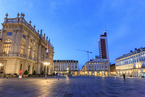 Turin piazza Castello, city square at dusk, Italy