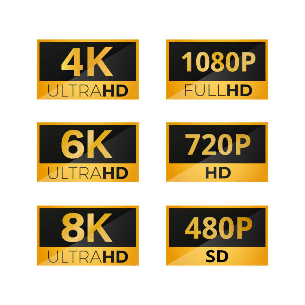 Set of video dimensions SD, HD, FHD, 4K, 6K, 8K. Set of video dimensions SD, HD, FHD, 4K, 6K, 8K. Set of video resolution isolated on white background. Vector stock full hd format stock illustrations