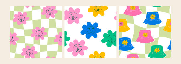 Set of cute seamless patterns with abstract colorful daisy flowers with faces, panama hats and wavy psychedelic checkerboard Set of cute seamless patterns with abstract colorful daisy flowers with faces, panama hats and wavy psychedelic checkerboard. Vector background in 90s, 00s and kidcore style bucket hat stock illustrations